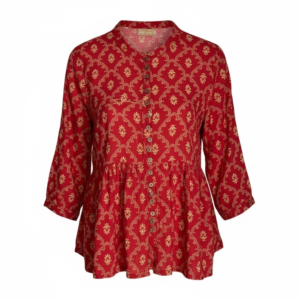 Shae by Sassafras Large Boho Peplum Blouse Red Gold Block Print Rayon Button Top